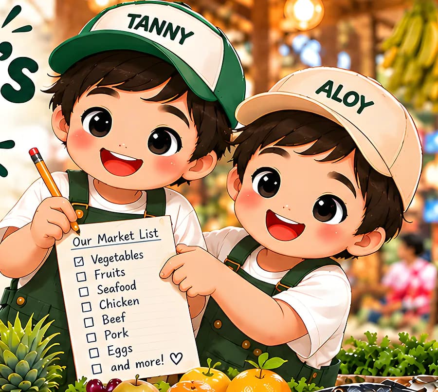 Tanny and Aloy, two smiling boys in caps and green overalls, holding their market list at a fruit and vegetable stall